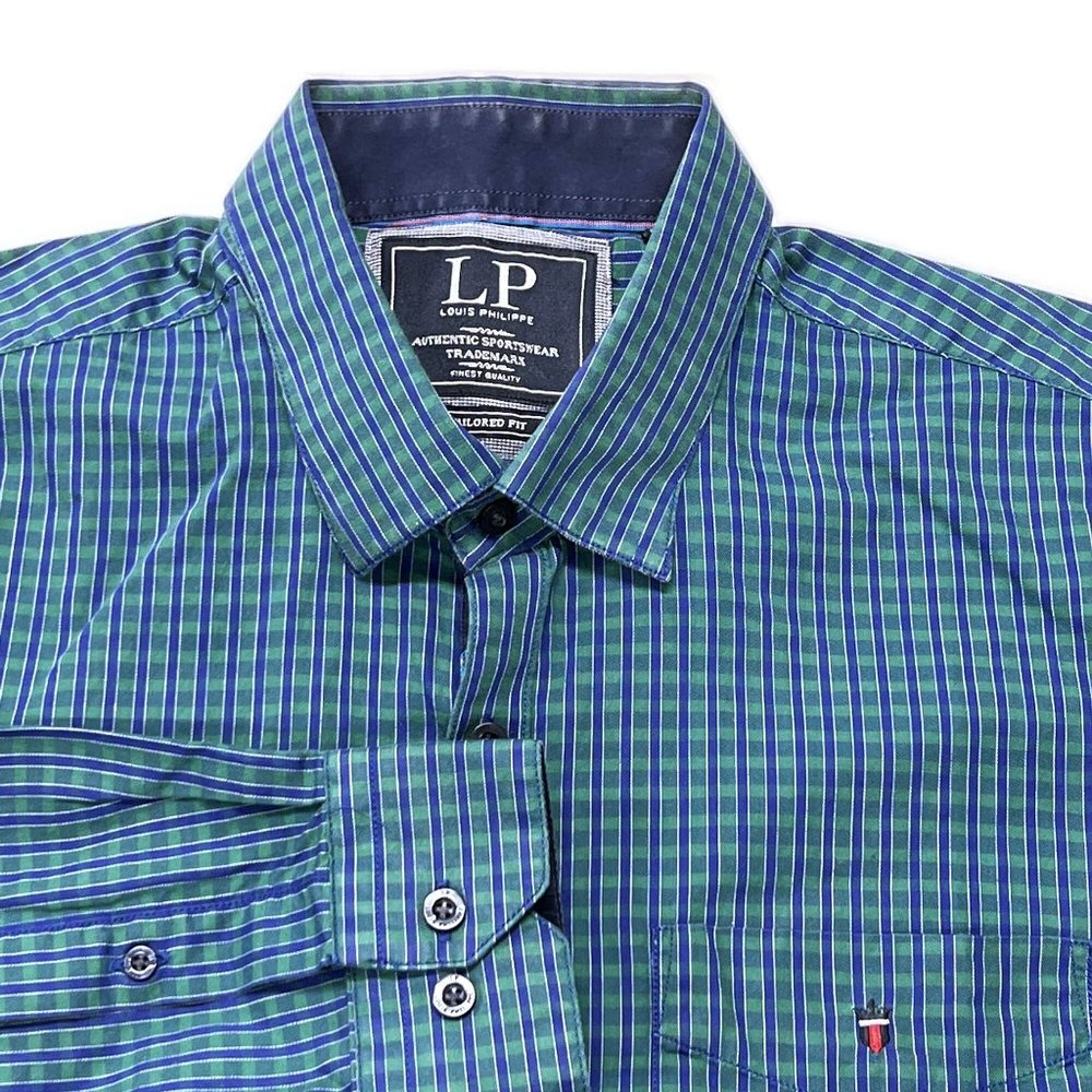 Louis Philippe Mens Sz 44 Button Up Shirt Long Sleeve Blue Green Plaid Tailored‎